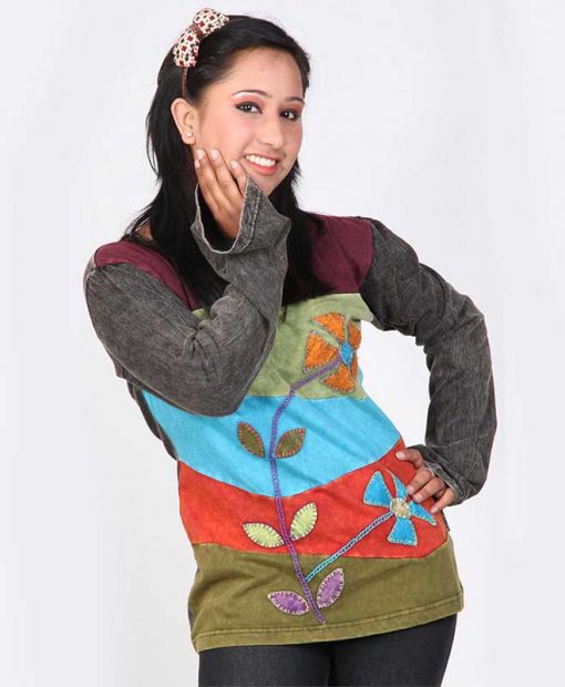 Full Sleeve Boho Embroidered Cotton T-Shirt