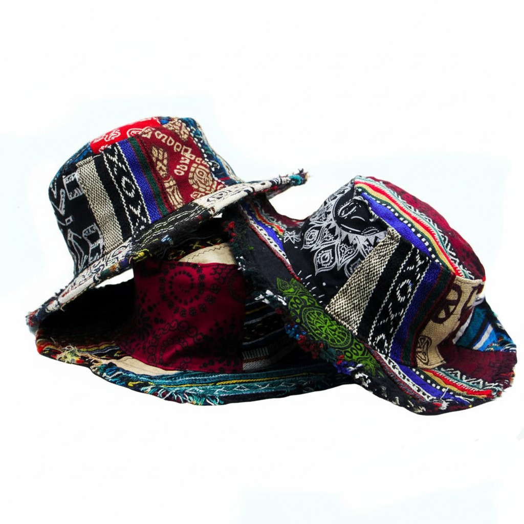 "Handmade Fairtrade Hemp Patchwork Hat – Sustainable Boho Festival Hat from Nepal" "Handmade Fairtrade Hemp Patchwork Hat – Sustainable Boho Festival Hat from Nepal"