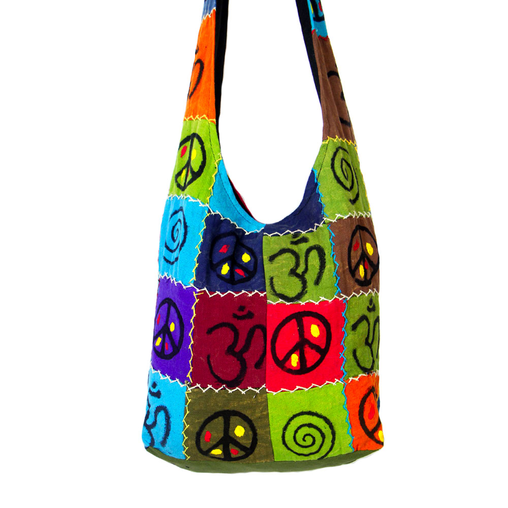 Wholesale Hippie Shoulder Bag – Handmade Peace & Om Logo Patchwork Jogi Bag Wholesale Hippie Shoulder Bag – Handmade Peace & Om Logo Patchwork Jogi Bag
