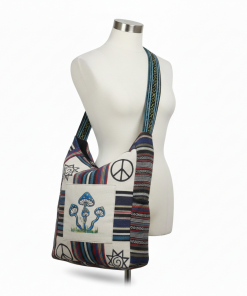 Vintage Mushroom Embroidered Shoulder Bag with Peace Logo – Patchwork Boho Tote Bag