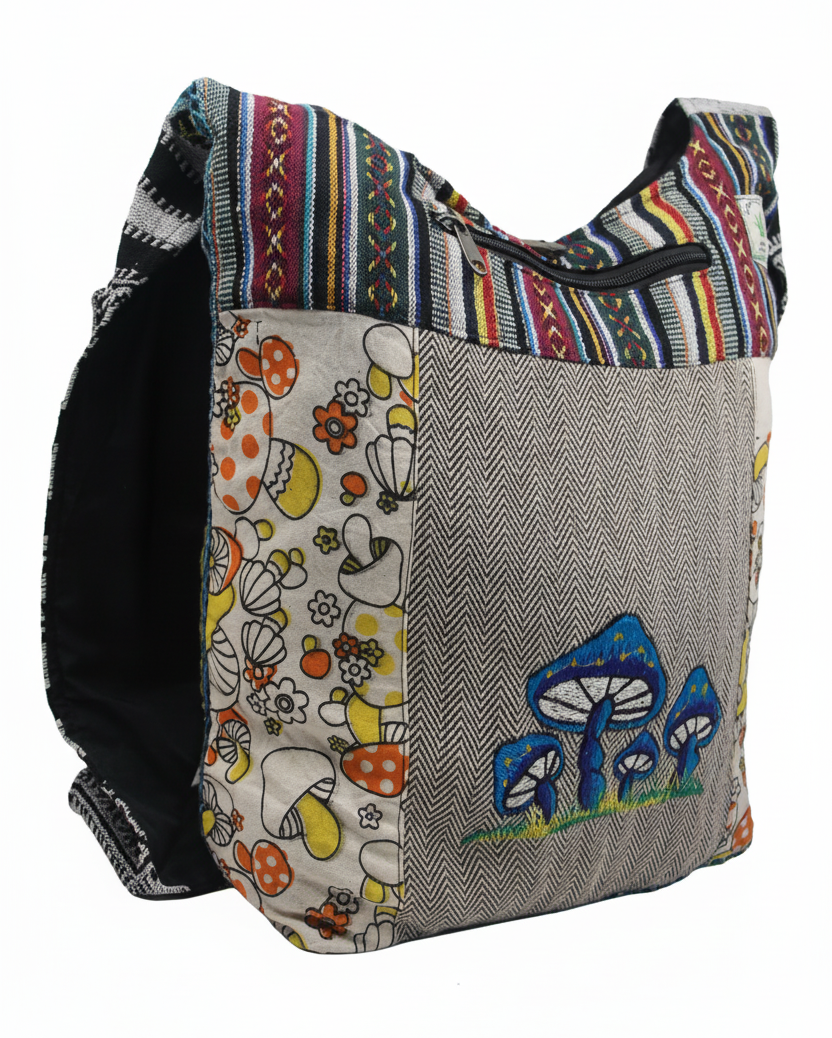 Handmade Mushroom Embroidery Jogi Bag – Razor Cut Patchwork Hippie Sling Bag from Nepal Handmade Mushroom Embroidery Jogi Bag – Razor Cut Patchwork Hippie Sling Bag from Nepal