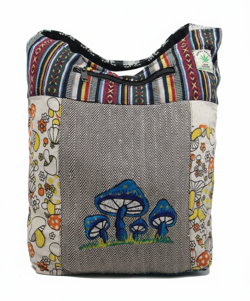 Handmade Mushroom Embroidery Jogi Bag – Razor Cut Patchwork Hippie Sling Bag from Nepal Handmade Mushroom Embroidery Jogi Bag – Razor Cut Patchwork Hippie Sling Bag from Nepal